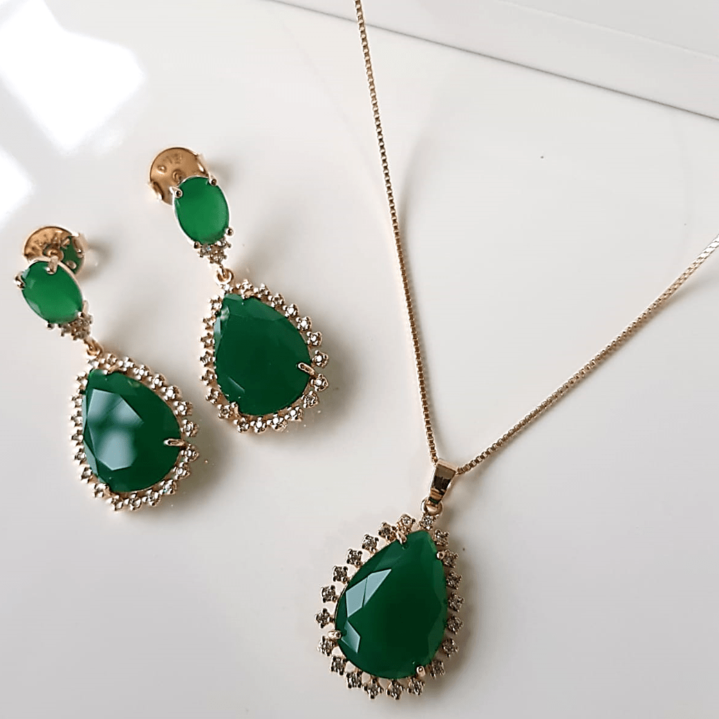 Conjunto Verde Esmeralda Colar E Brinco Metal Elo